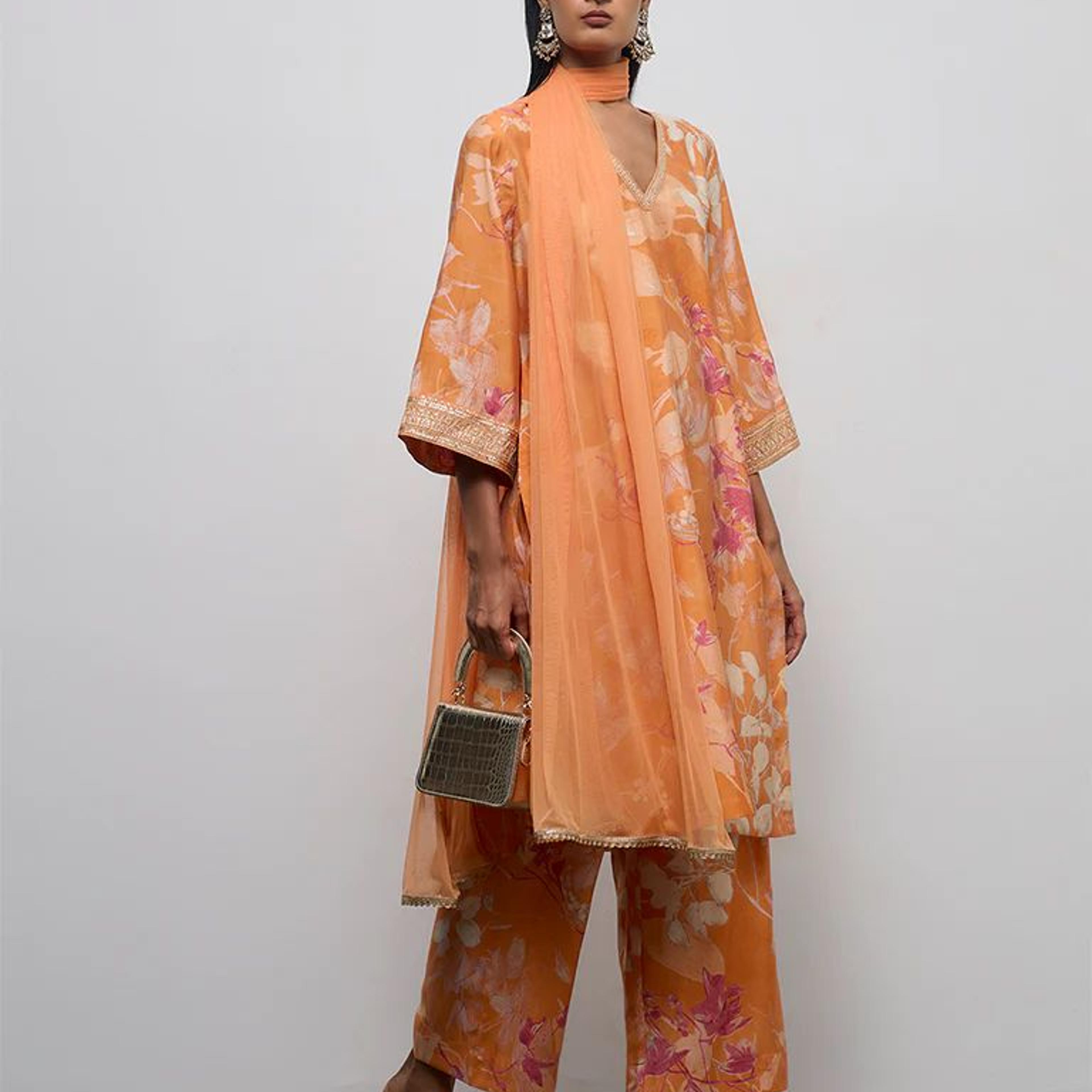 Vark Light Orange Floral Printed A-Line Ethnic Set