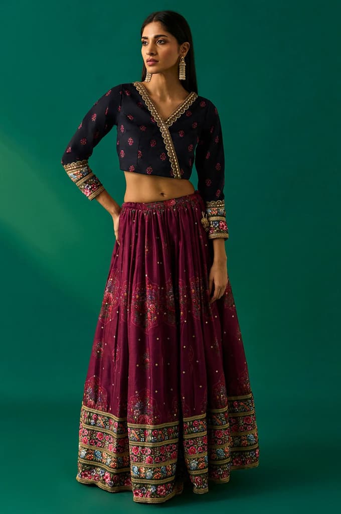 Purple Floral Embroidered Winter Velvet Blouse with Skirt and Dupatta Set — photo 6