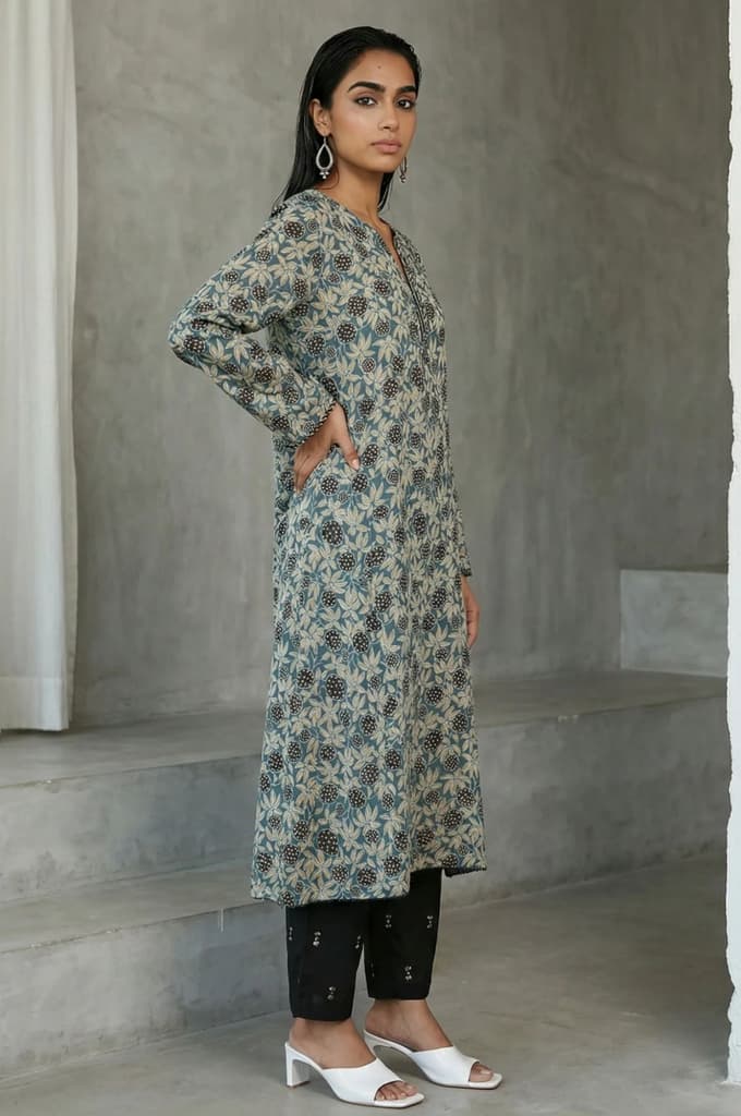 Teal Ajrak Printed Tassel Modal Satin Straight Kurta — photo 6