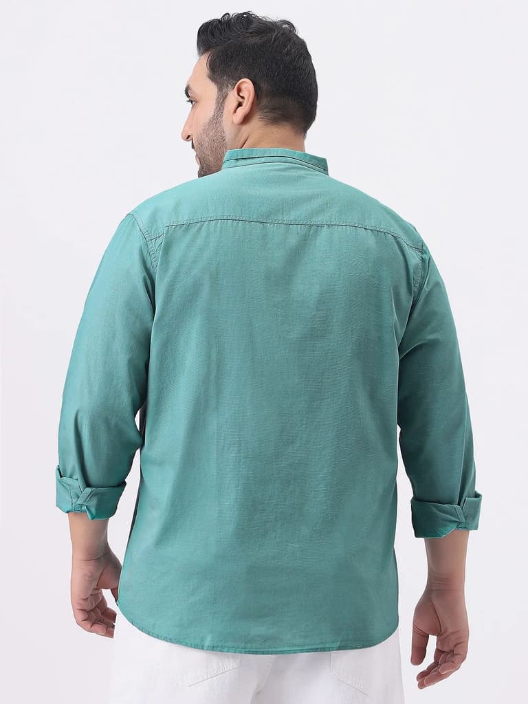 Plus Men's Light Teal Cotton Full Sleeve Regular Fit Casual Solid Shirt with Band Collar — photo 3