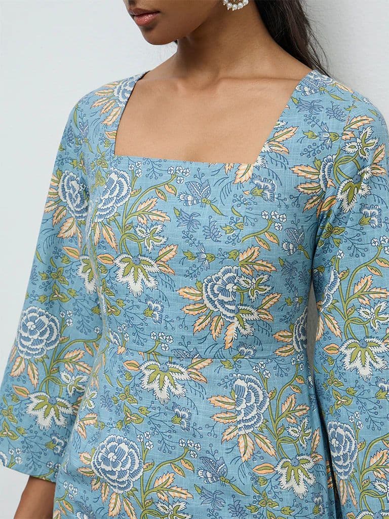 Utsa Blue Foliage Pattern Cotton Tunic — photo 3