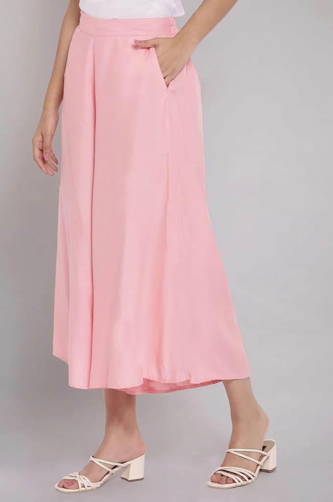 Pink Solid Flared Cotton Culottes With Elasticated Waist — photo 3