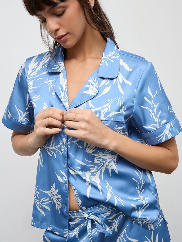 Wunderlove Blue Foliage Printed Shirt and Shorts Set — photo 3