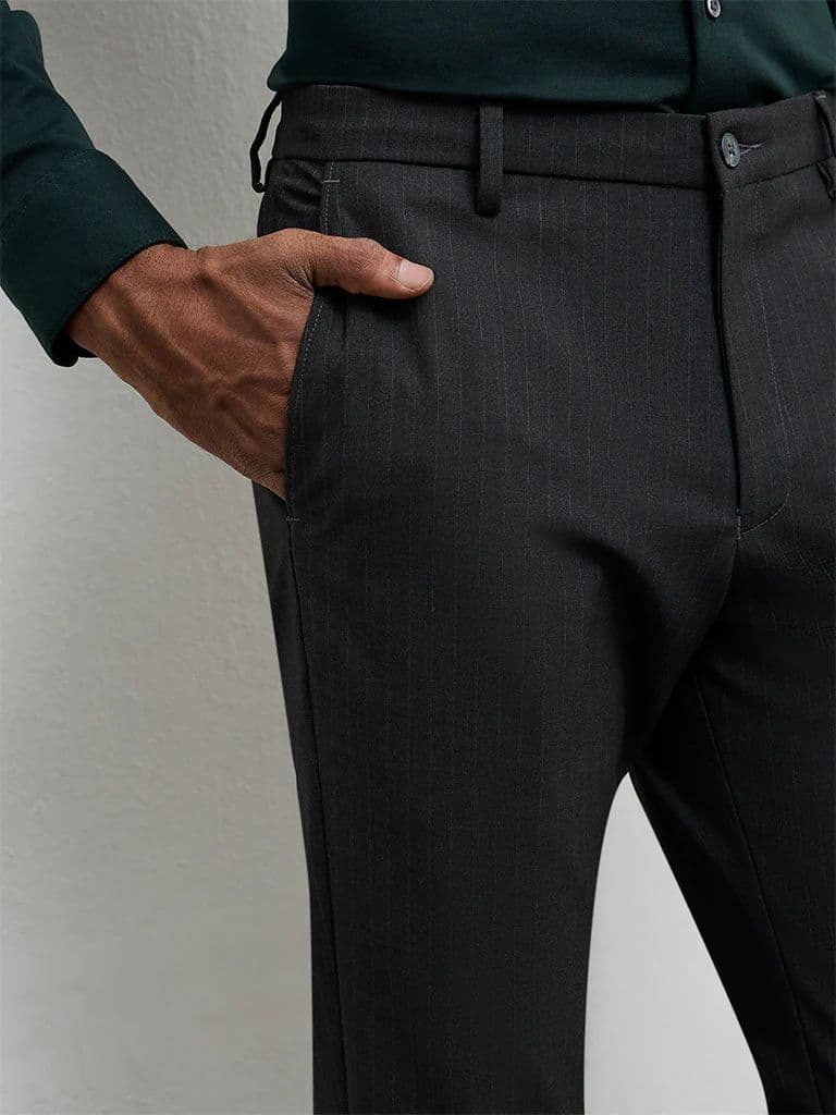 WES Formals Charcoal Pinstripe Relaxed-Fit Mid-Rise Trousers — photo 3