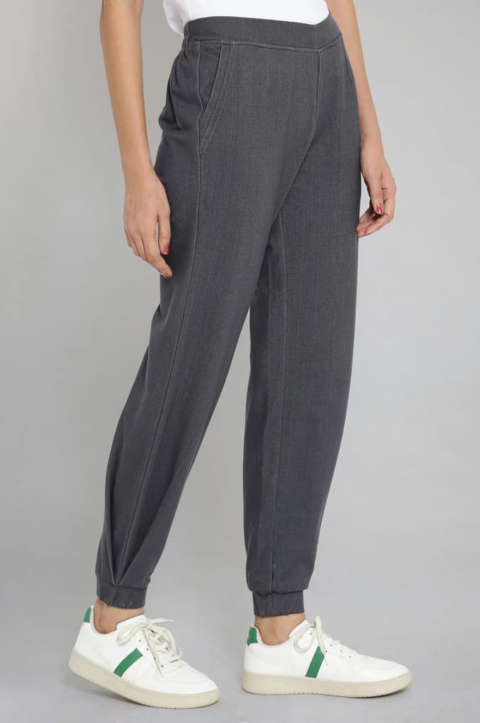 Grey Solid Tapered Cotton Joggers With Elasticated Waist — photo 4
