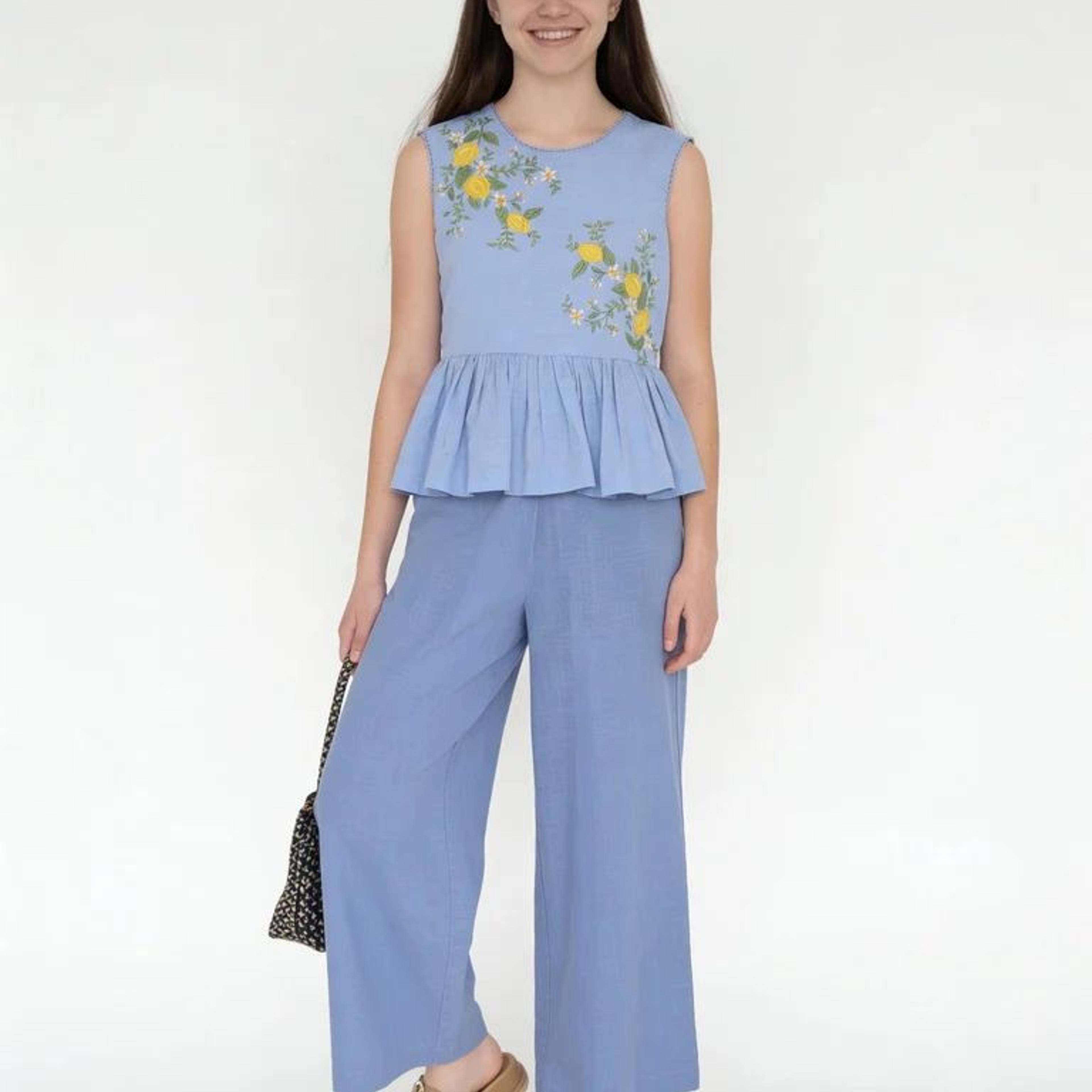 Utsa Kids Girls Blue Embroidered Cotton Peplum Top - (8-14 yrs)