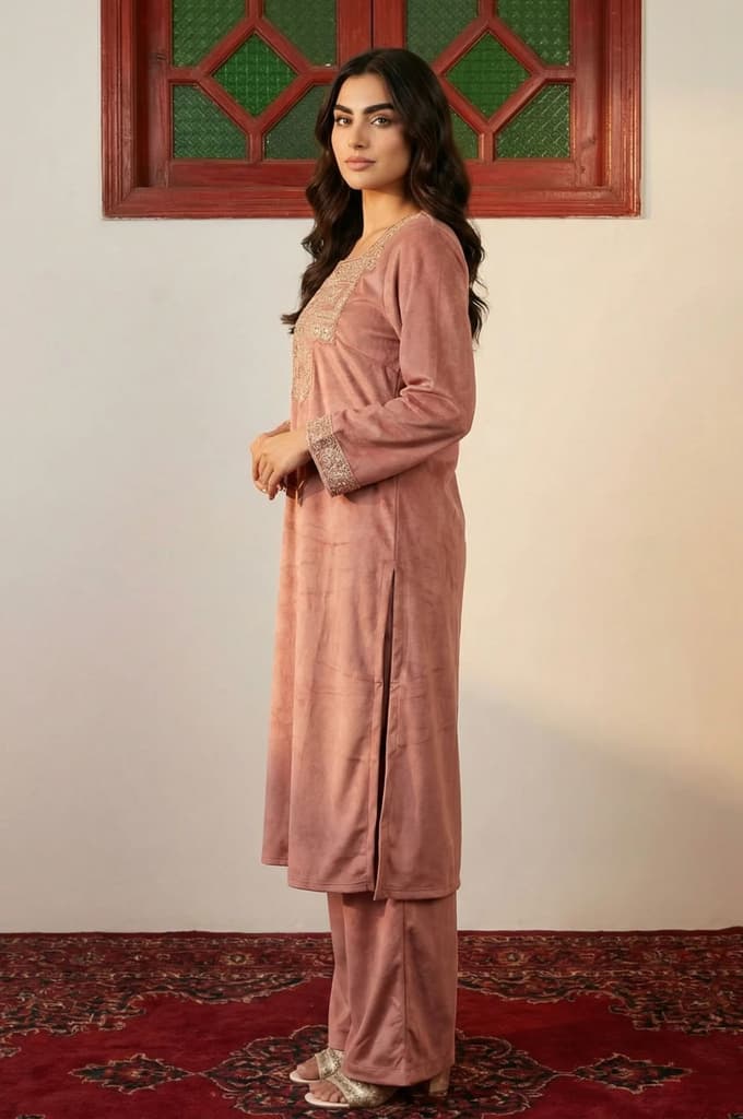 Pink Solid Embroidered Straight Kurta with Flared Pants and Dupatta Set — photo 3