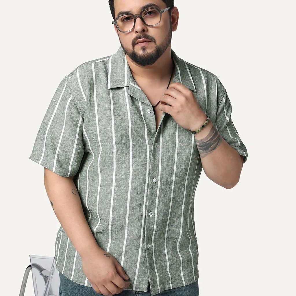 Plus Men's Steel Cotton Half Sleeve Relaxed Fit Linen Striped Shirt with Cuban Collar
