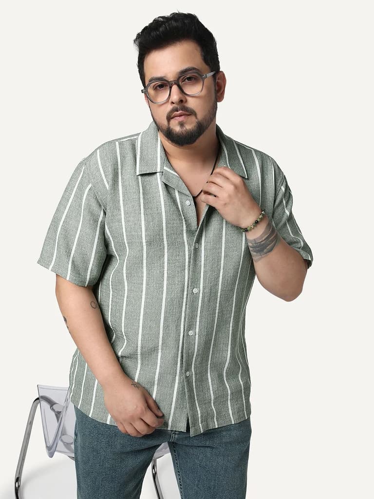 Plus Men's Steel Cotton Half Sleeve Relaxed Fit Linen Striped Shirt with Cuban Collar — 2XL / Steel