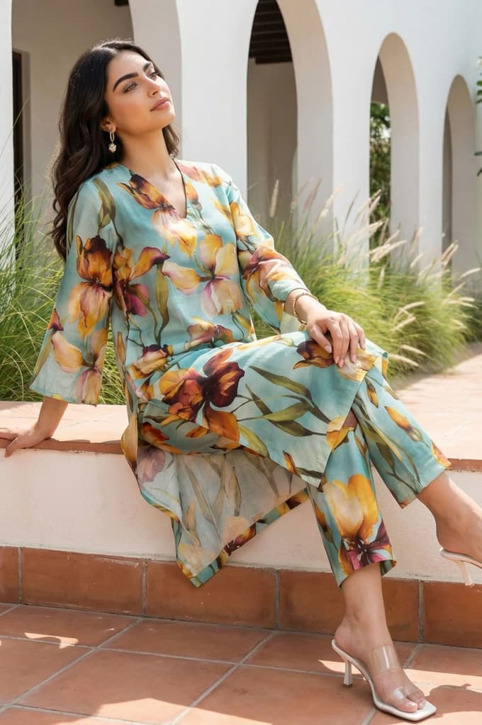 Sea Green Floral Printed Straight Kurta — photo 3