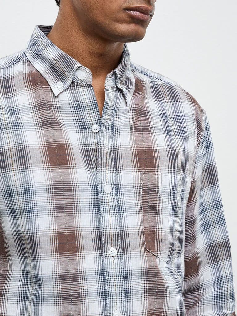 WES Casuals Brown Checkered Relaxed-Fit Cotton-Blend Shirt — photo 3