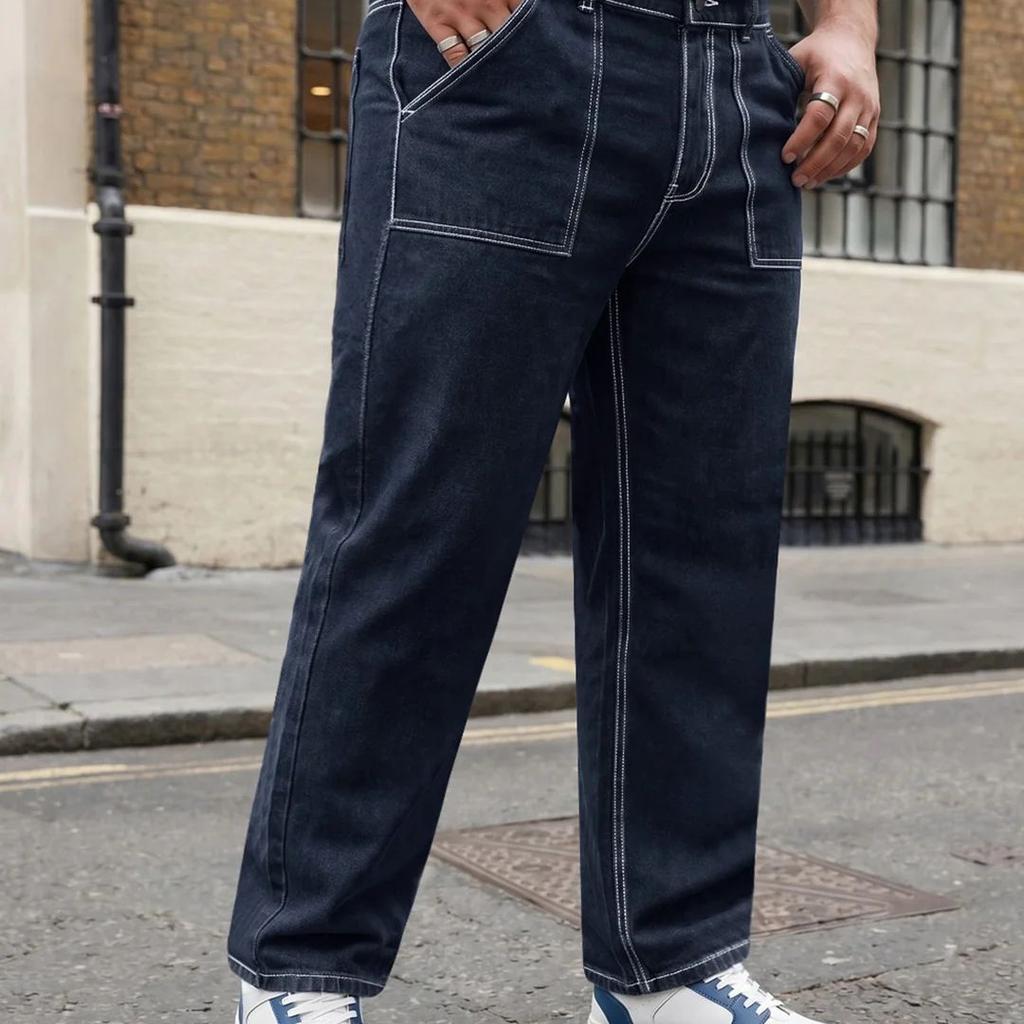 Plus Men's Dark Blue Loose Baggy Fit Washed Denim Jeans Non-Stretchable