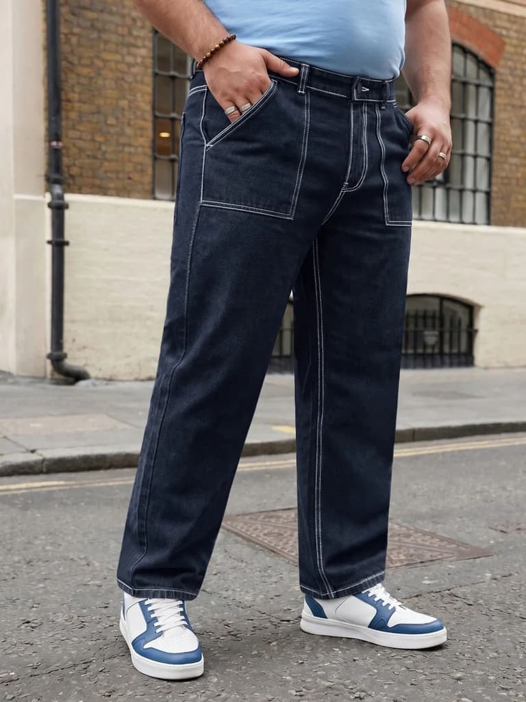 Plus Men's Dark Blue Loose Baggy Fit Washed Denim Jeans Non-Stretchable — 36 / Dark Blue