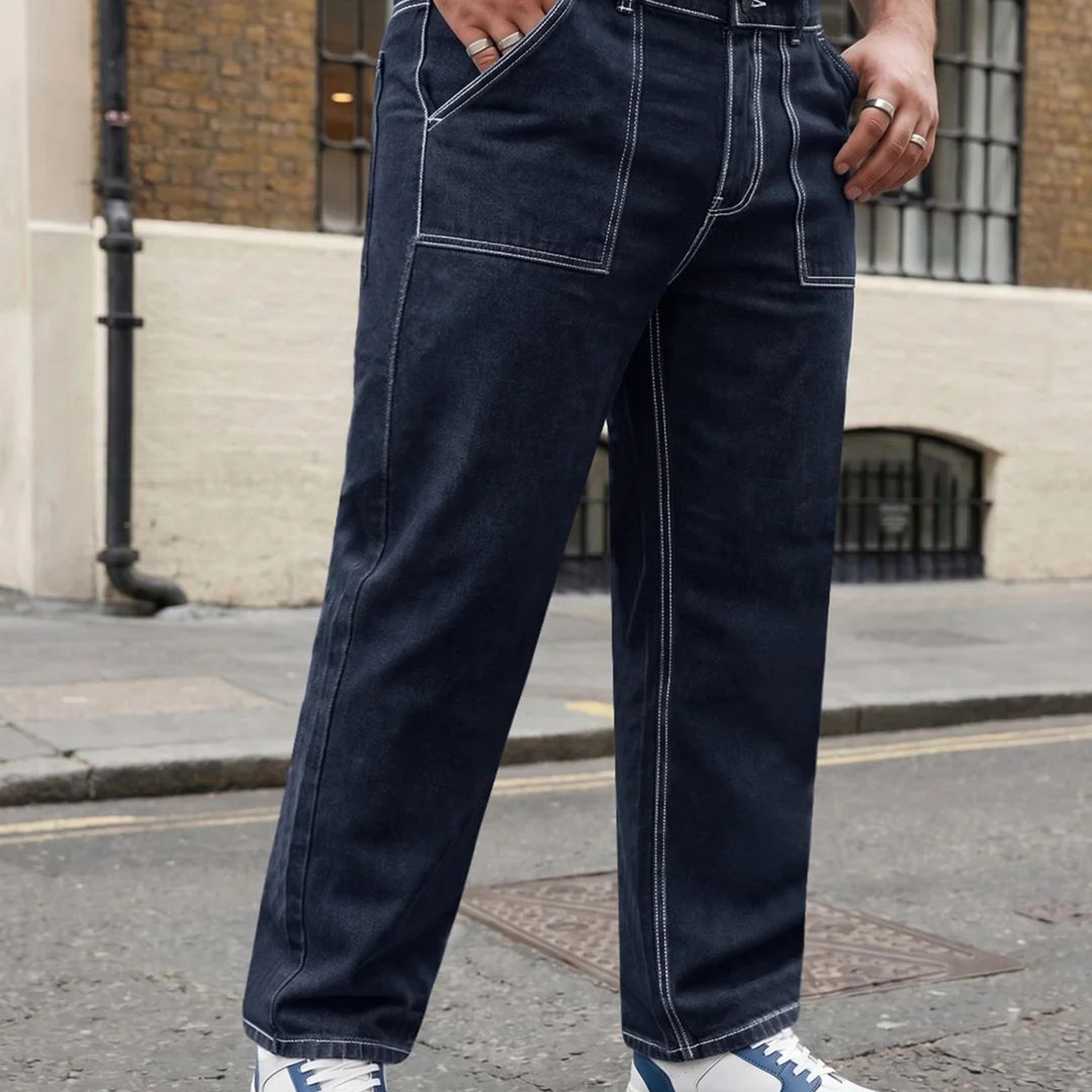 Plus Men's Dark Blue Loose Baggy Fit Washed Denim Jeans Non-Stretchable