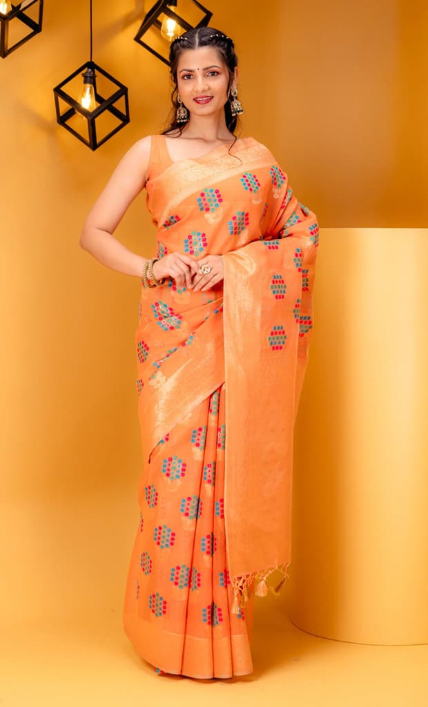 Mimosa Women's Woven Design Banarasi Style Art Silk Saree With Blouse Piece : SA00001595PCFREE — Peach