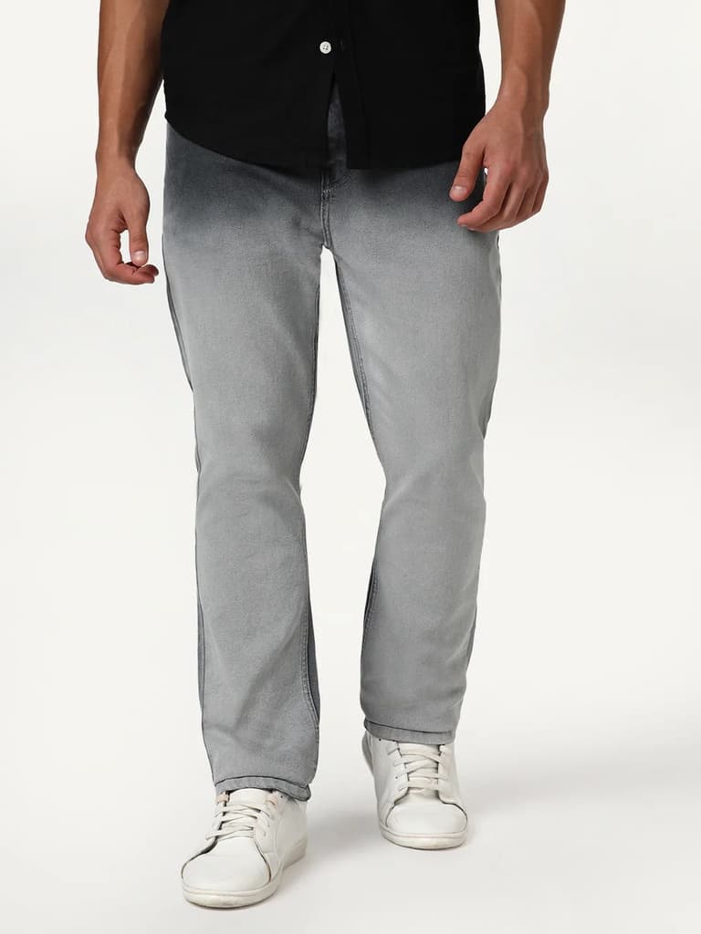 Men's Dark Grey Straight Fit Heavy Washed Faded Denim Jeans Stretchable — photo 2