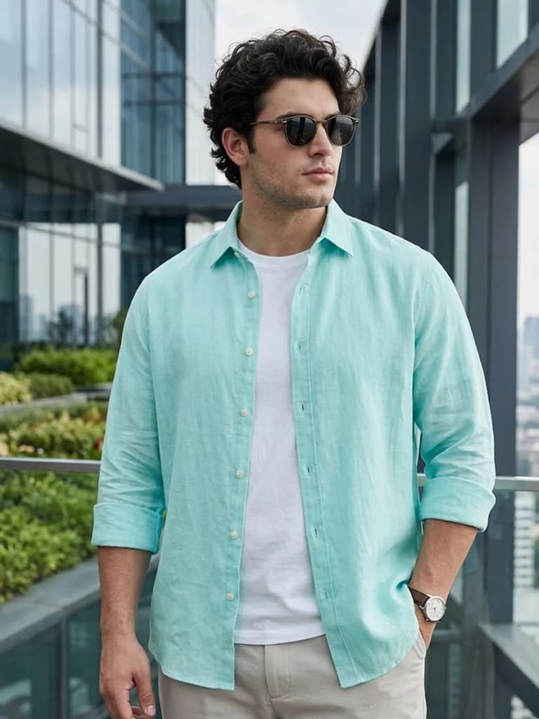 Plus Men's Sky Blue Linen Blend Full Sleeve Relaxed Fit Casual Solid Shirt — 2XL / Sky Blue