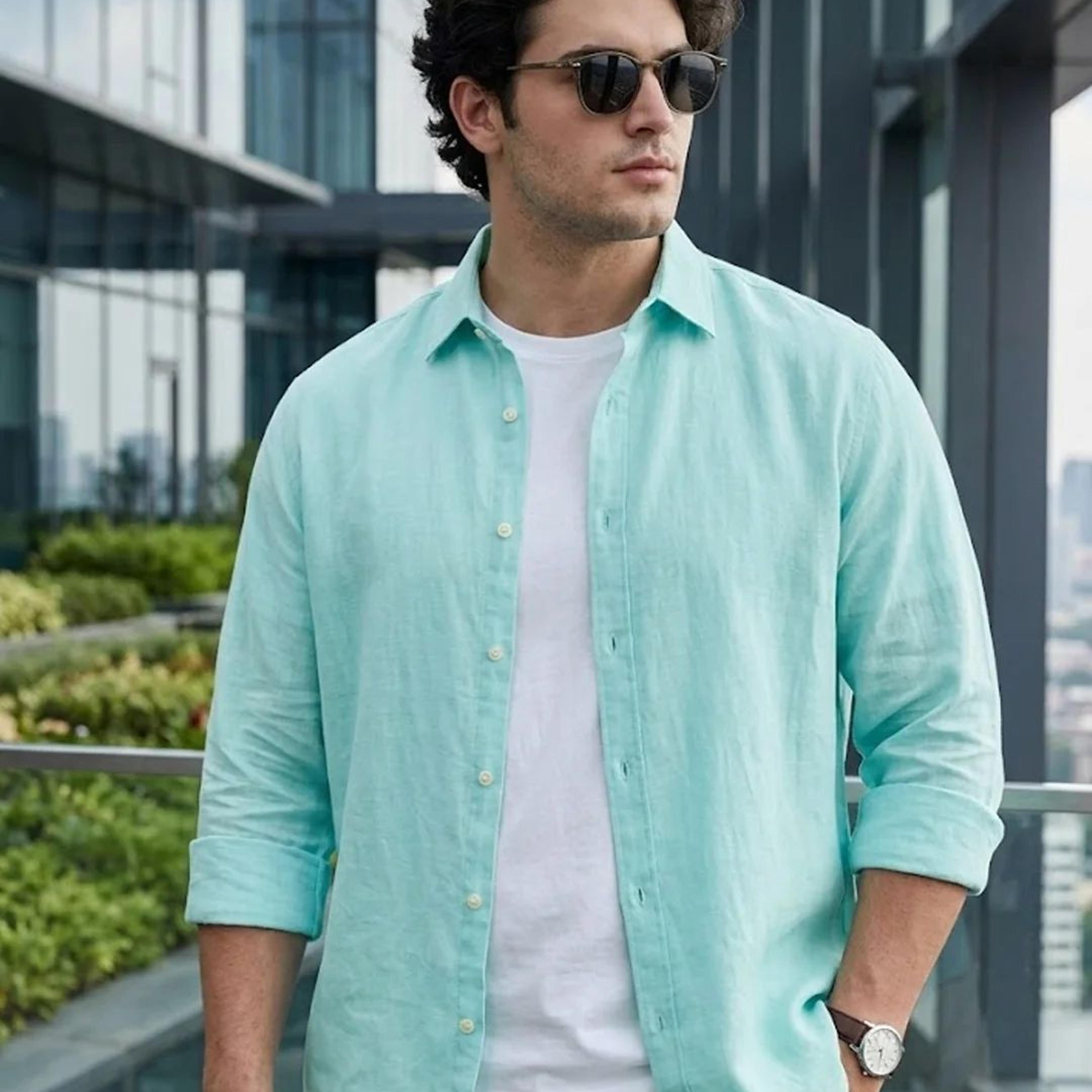 Plus Men's Sky Blue Linen Blend Full Sleeve Relaxed Fit Casual Solid Shirt