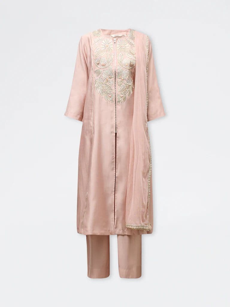 Vark Peach Floral Embroidered A-Line Ethnic Set — photo 5