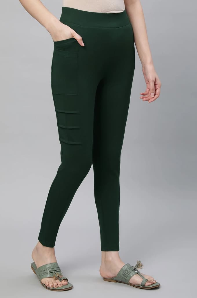 Bottle Green Solid Skinny Fit Tights With Side Pockets — photo 3
