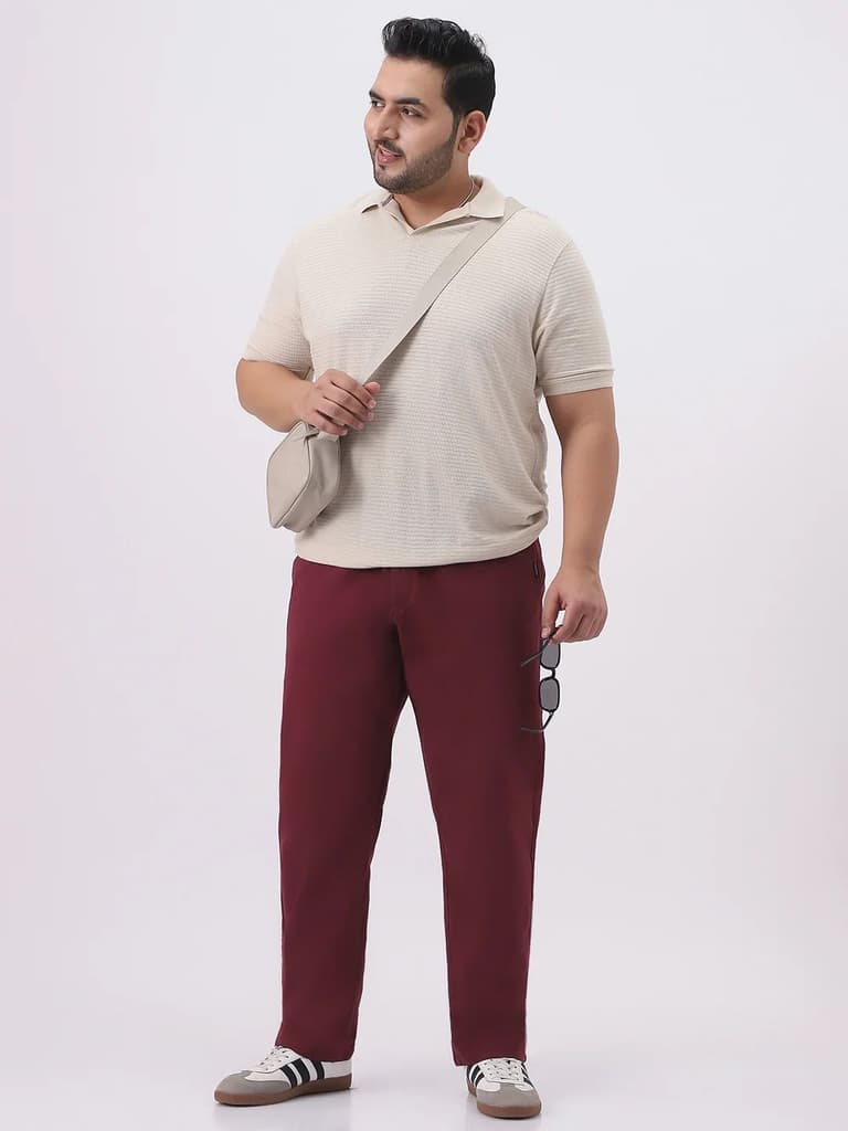 Plus Men's Dark Maroon Cotton Regular Fit Casual Chinos Trousers Stretch — photo 5