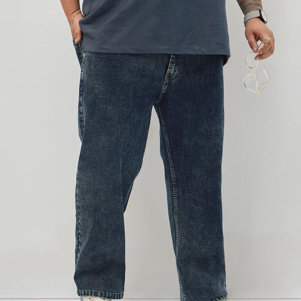 Plus Men's Dark Blue Regular Fit Towel Washed Yellow Tint Denim Jeans Stretchable