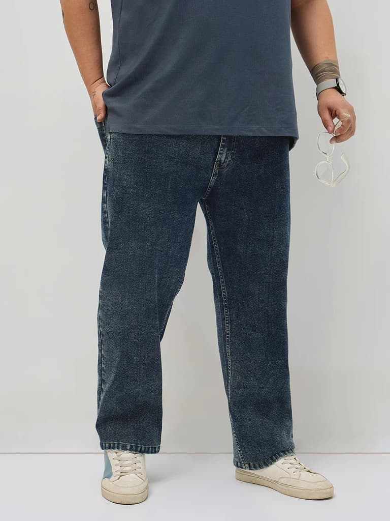 Plus Men's Dark Blue Regular Fit Towel Washed Yellow Tint Denim Jeans Stretchable — 36 / Dark Blue