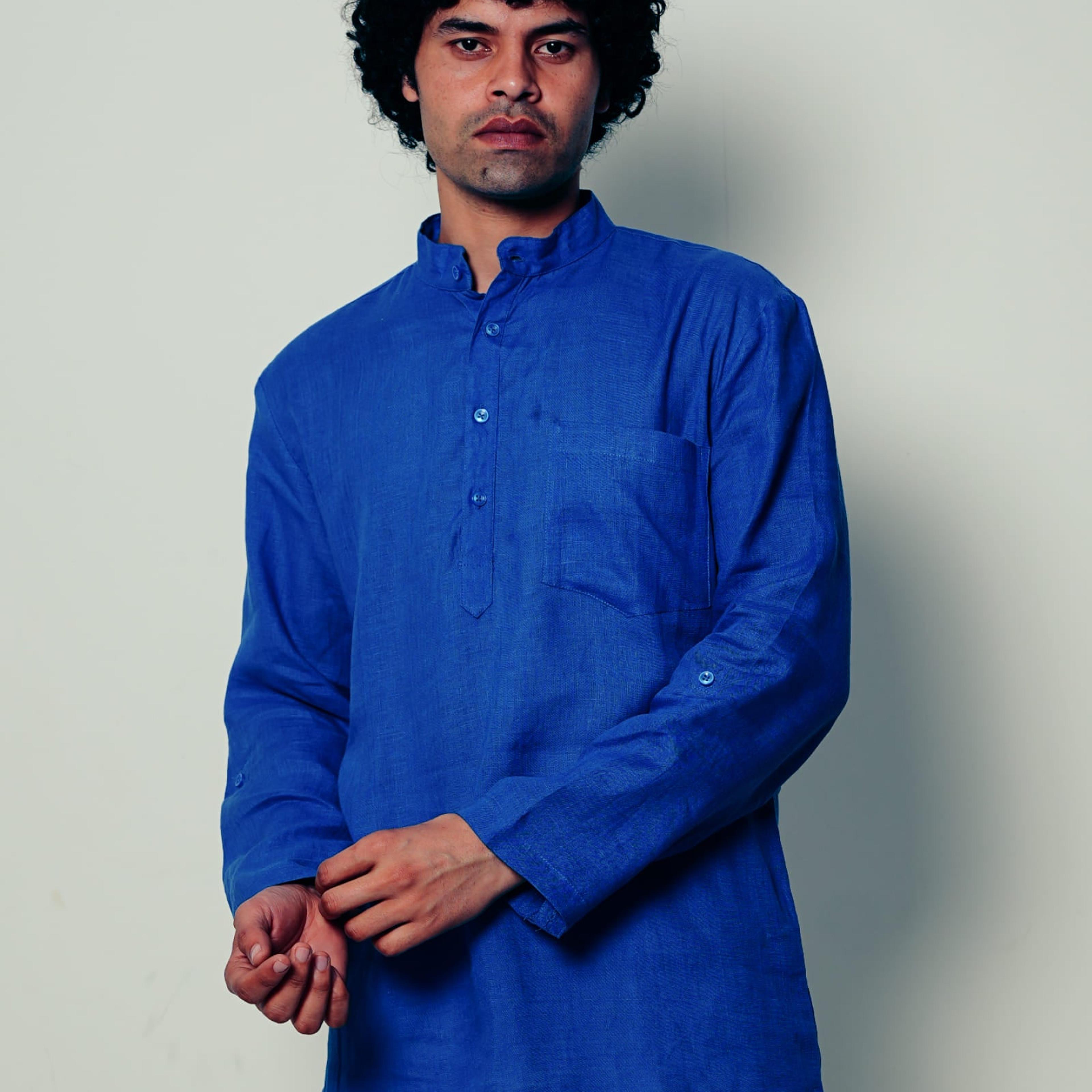 मोर पंखी (Mor Pankhi) - Men Peacock Blue Premium Linen Short Kurta