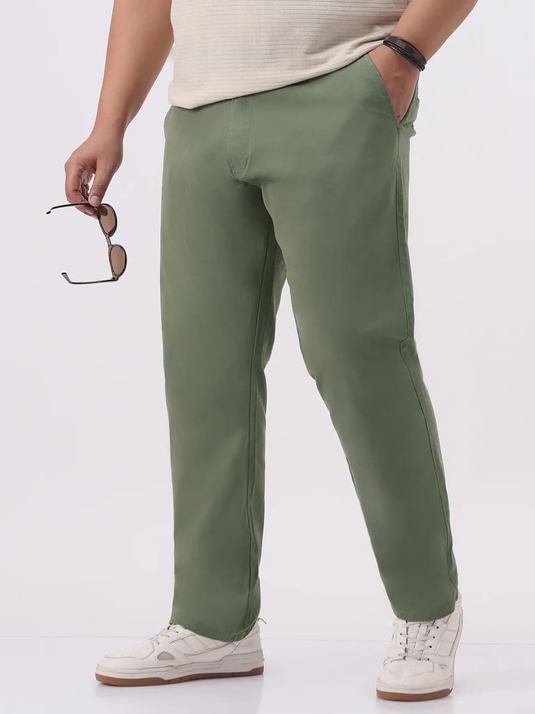 Plus Men's Sage Green Cotton Regular Fit Casual Chinos Trousers Stretch — 36 / Sage Green