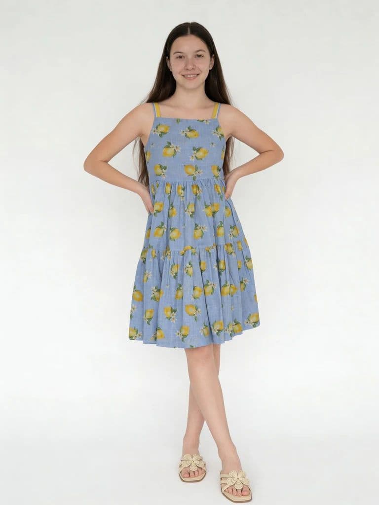 Utsa Kids Girls Blue Printed Tiered Flared Cotton Dress - (8-14 yrs)