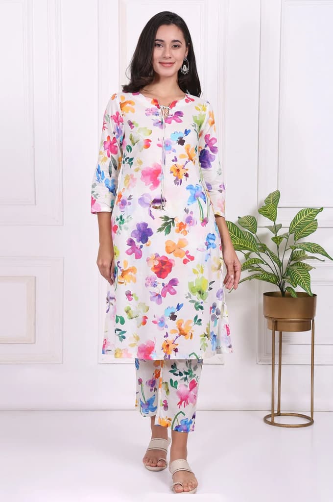 White Floral Printed Pure Cotton Straight Kurta and Straight Pants Set — photo 2