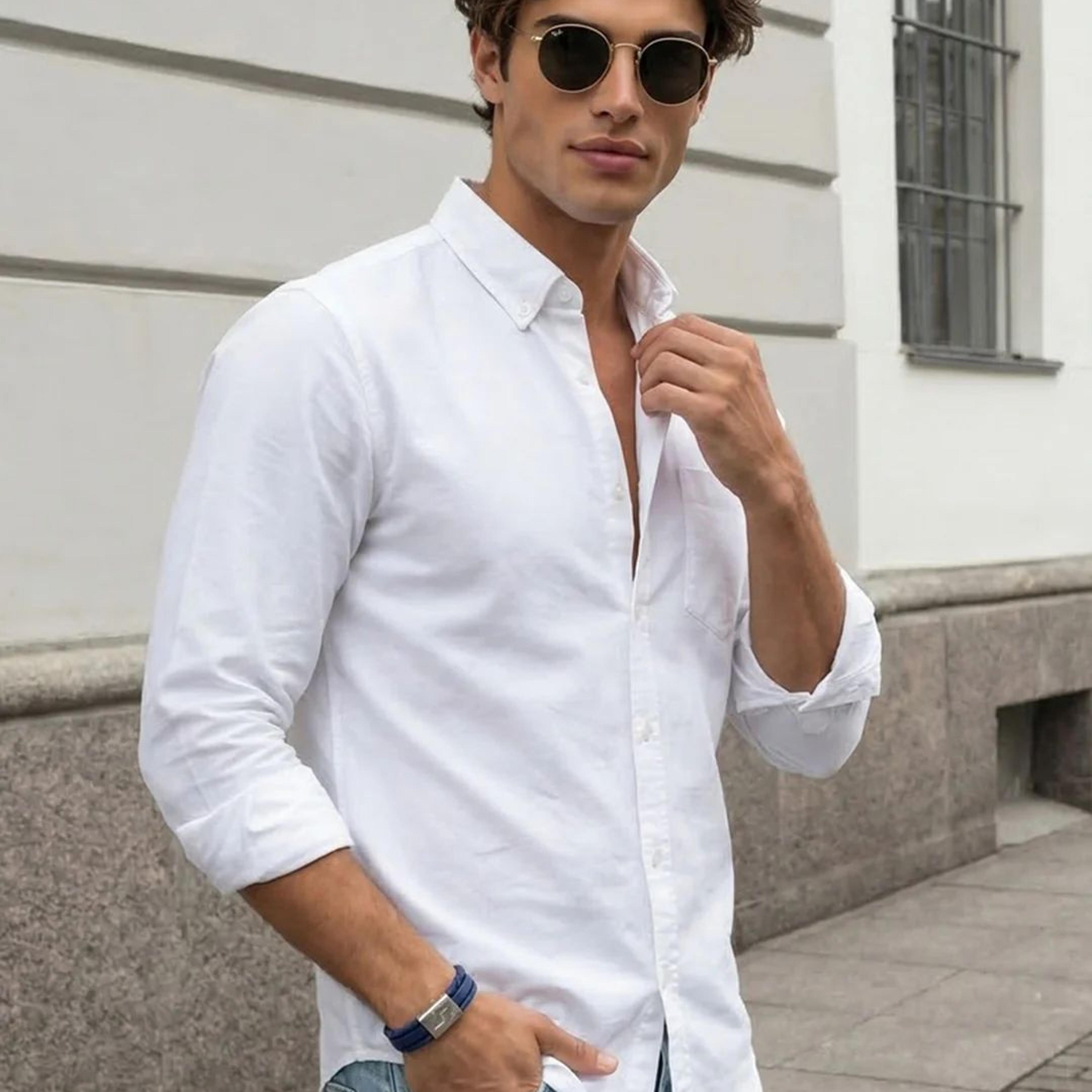 Men's White Cotton Full Sleeve Regular Fit Solid Oxford Shirt With Button-Down Collar