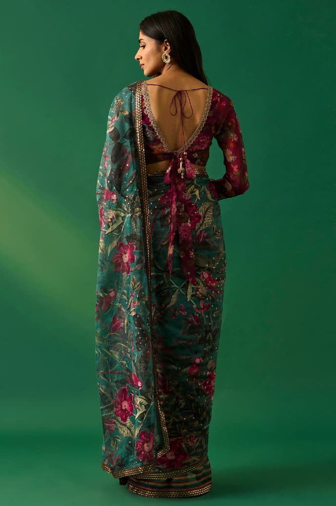 Green Floral Printed Embroidered Sequined Organza Saree with Unstitched Blouse — photo 4