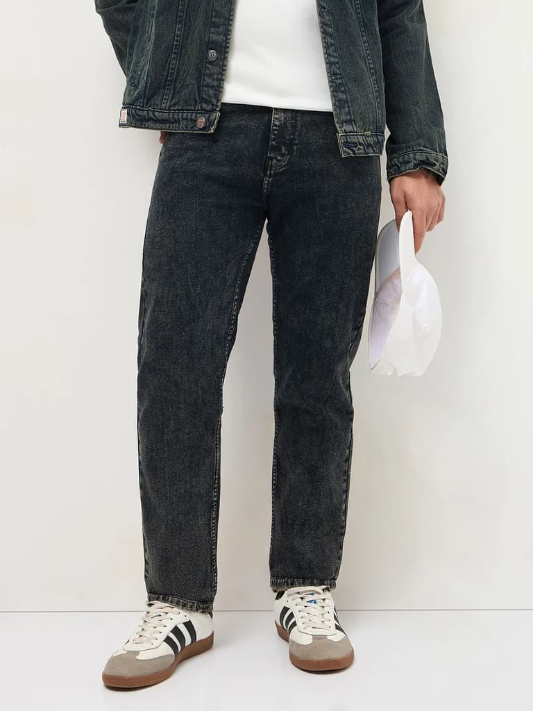 Men's Black Regular Fit Towel Washed Yellow Tint Denim Jeans Stretchable — photo 2