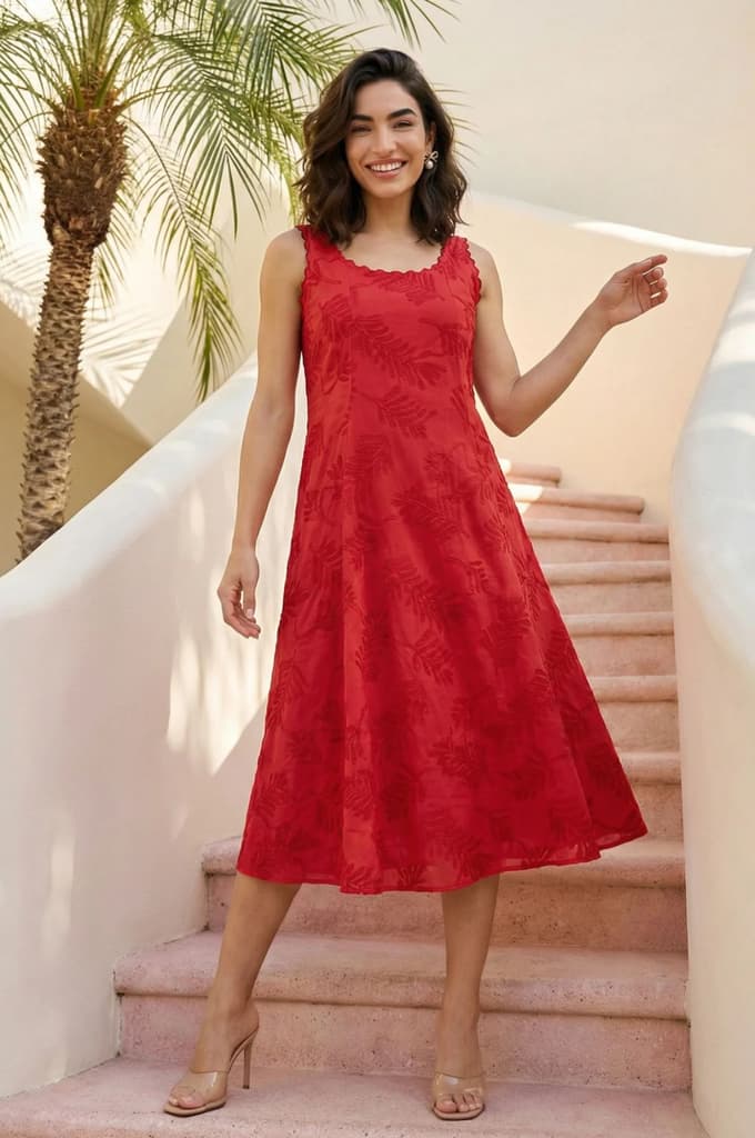 Red Thread Embroidered Pure Cotton A-line Dress — XS