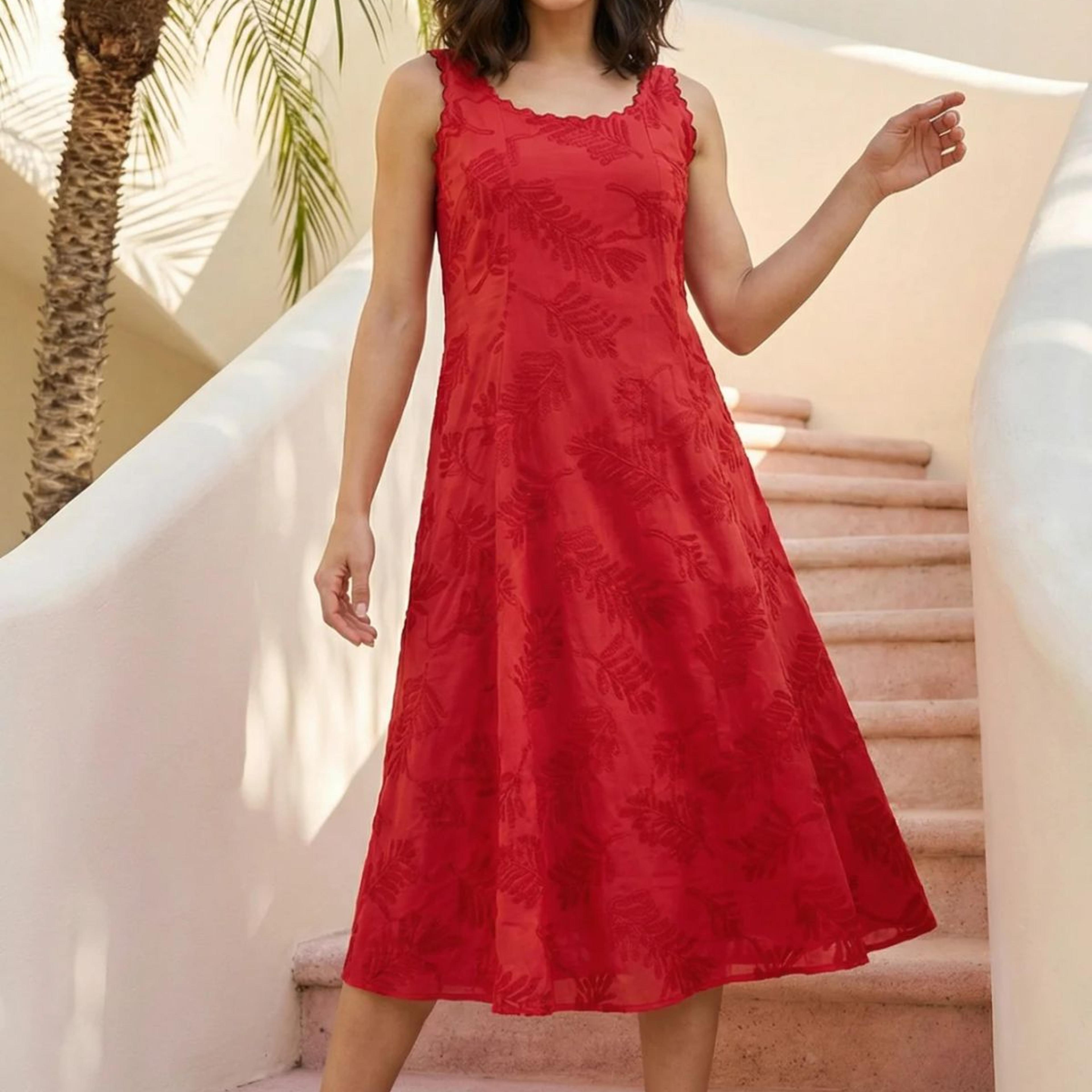 Red Thread Embroidered Pure Cotton A-line Dress