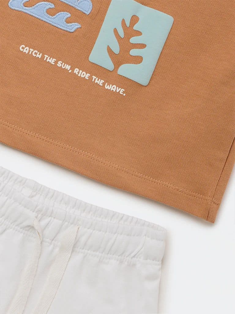 HOP Baby Boys Brown Graphic Cotton T-Shirt and Shorts Set — photo 4