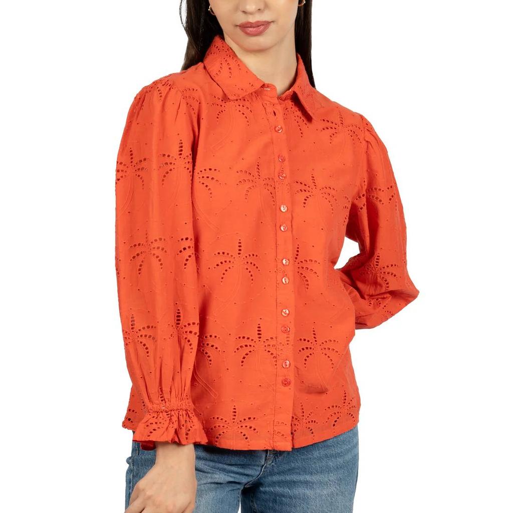 Red Solid Cotton Schiffli Collared Shirt