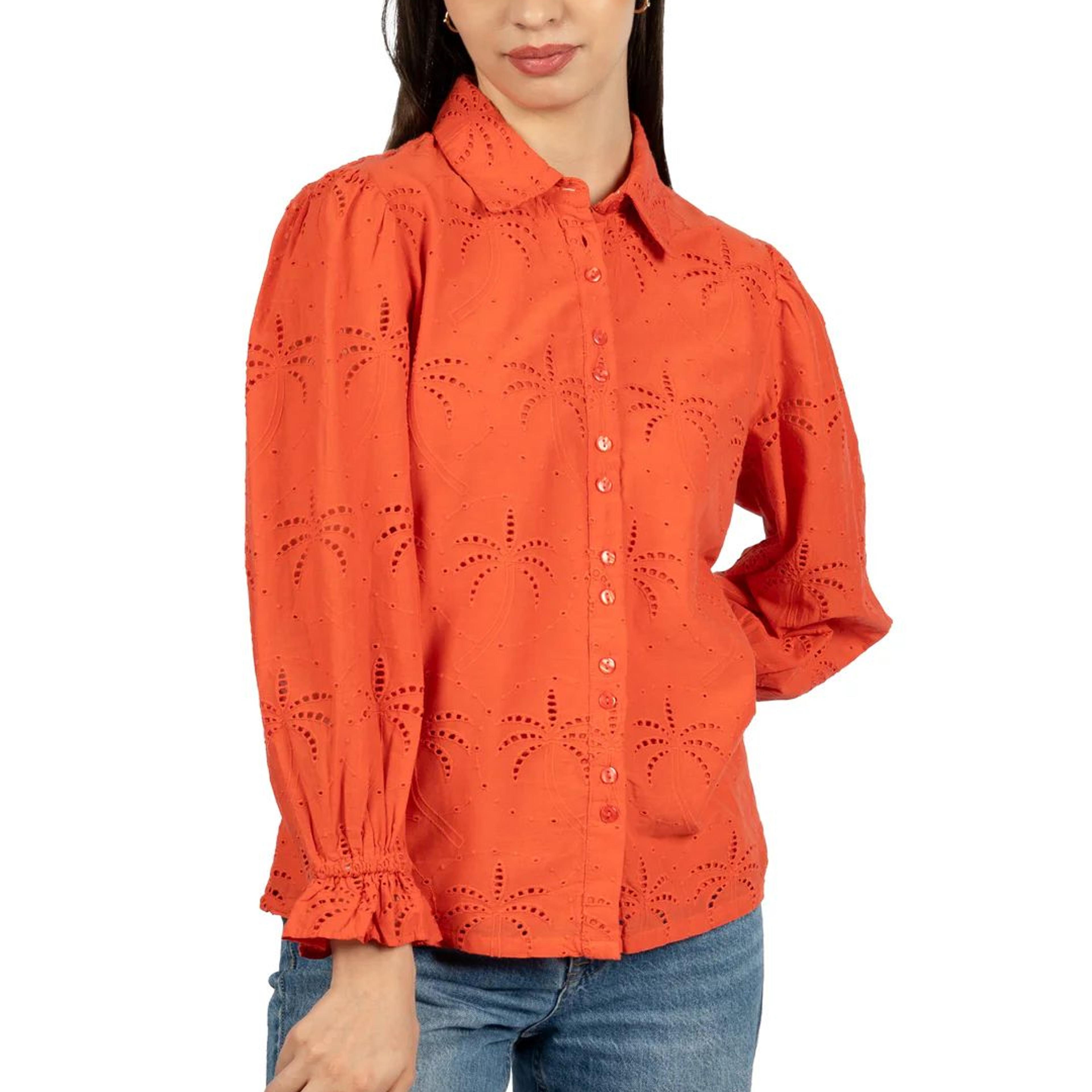 Red Solid Cotton Schiffli Collared Shirt