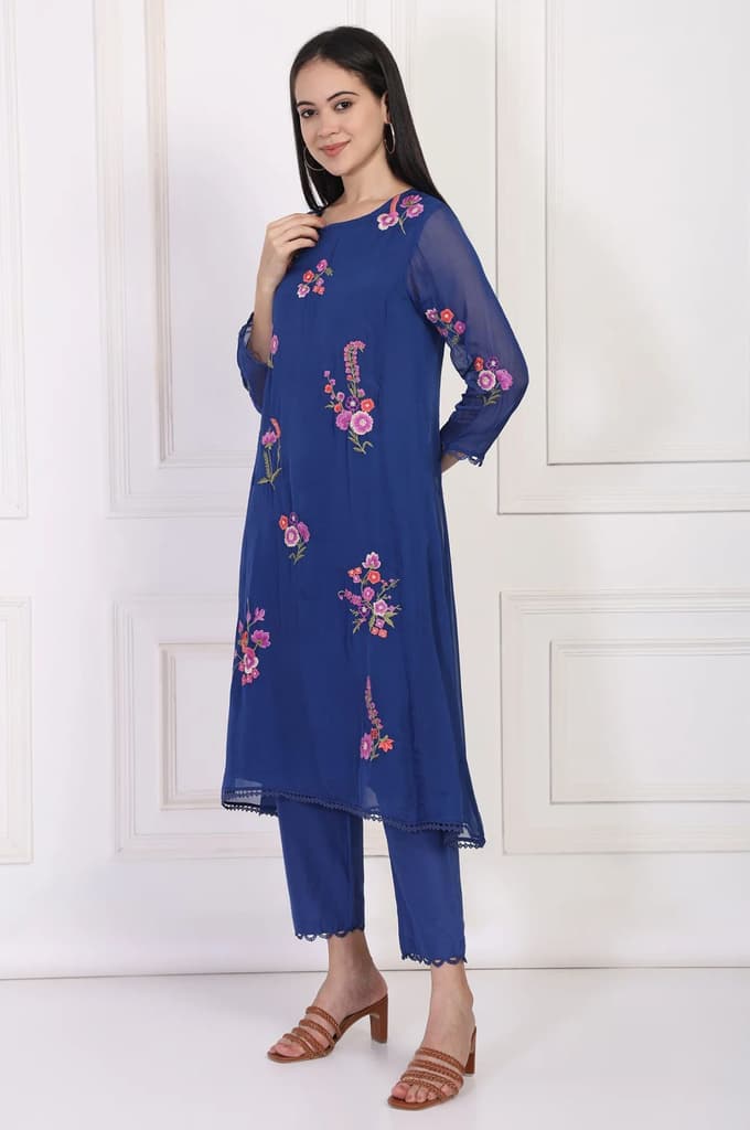 Blue Embroidered A-Line Organza Kurta with Straight Pant and Dupatta Set — photo 4