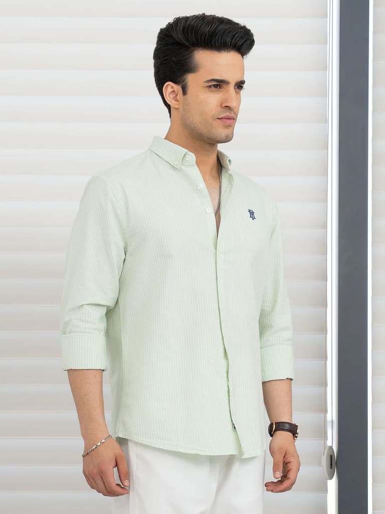 Shirts for Men in Light Green | Stripe Oxford Full Sleeve Shirt — photo 2