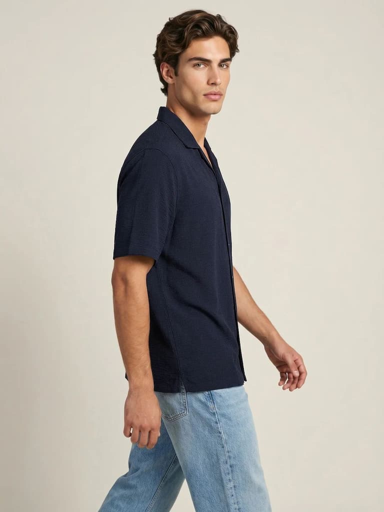 Men's Navy Cotton Half Sleeve Relaxed Fit Textured Shirt with Cuban Collar — photo 2