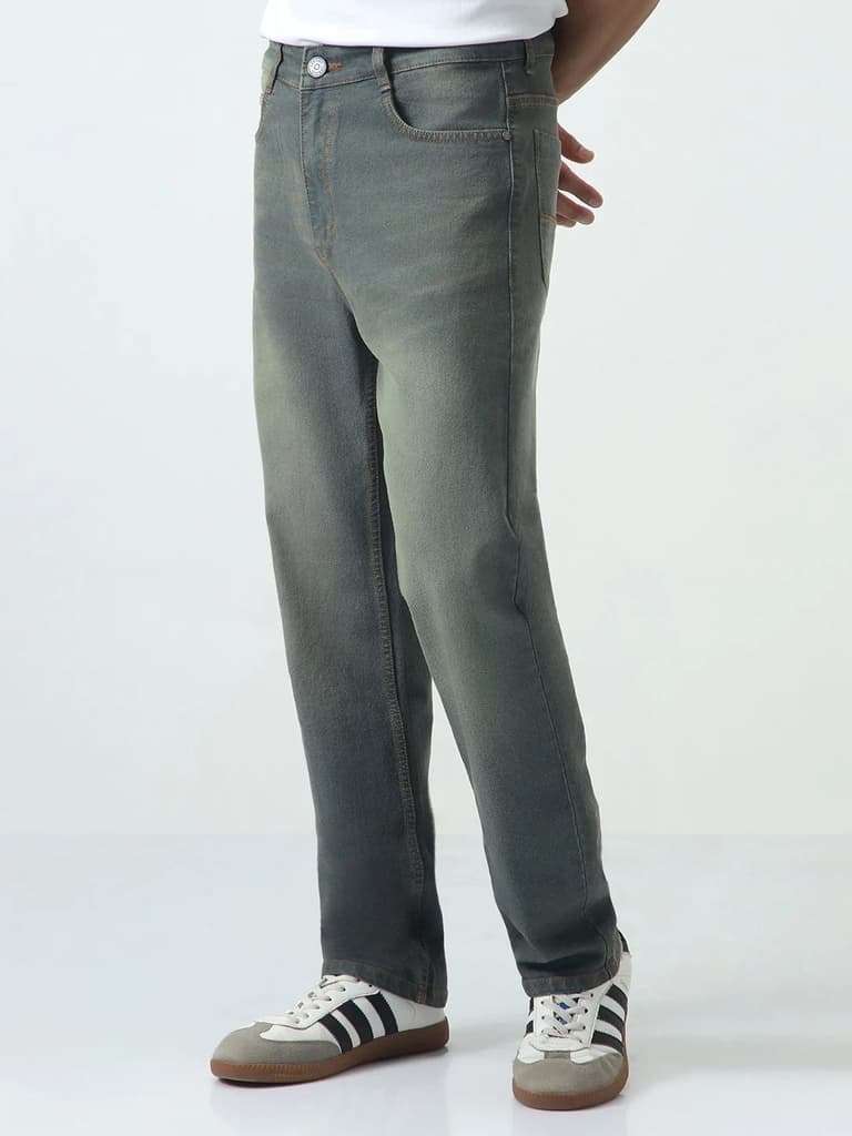 Men's Dark Grey Straight Fit Heavy Washed Jeans Stretchable — photo 2