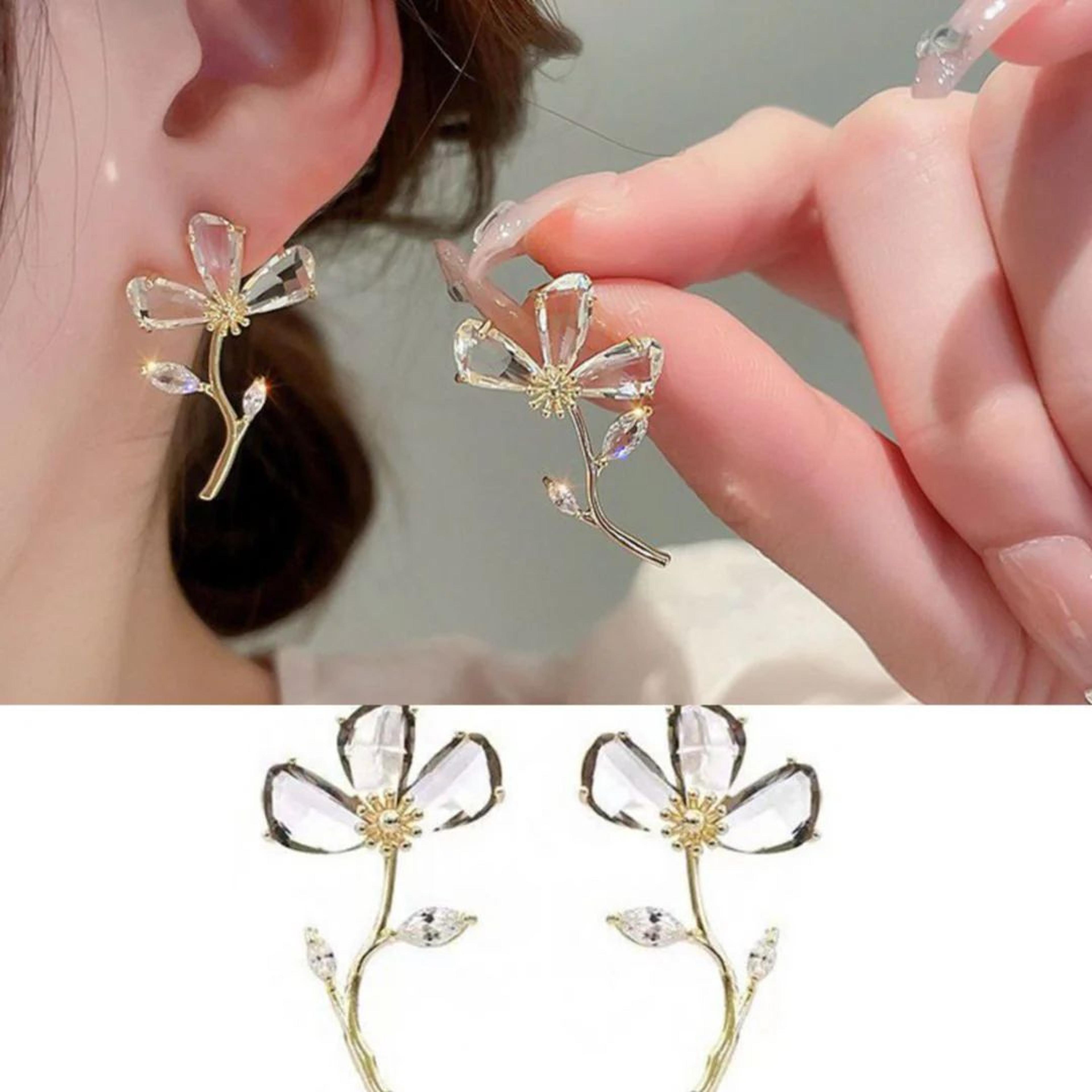 Crystal Bloom Flower Earrings – Delicate Floral Studs with Gold Stem