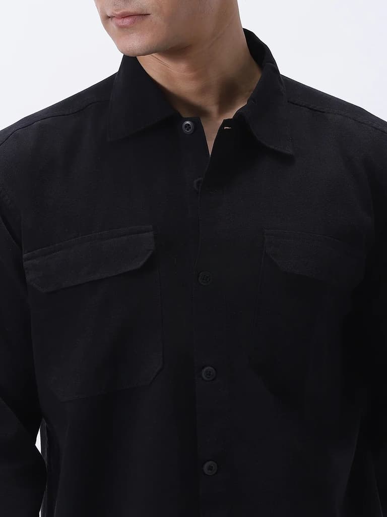 Men's Black Cotton Full Sleeve Relaxed Fit Shacket with Utility Pockets — photo 6