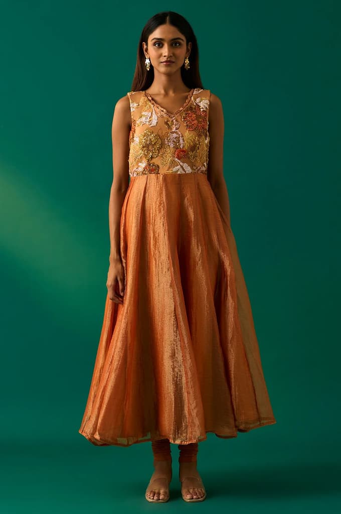 Orange Embroidered Flared Net Dress with Churidar and Cape Set — photo 5