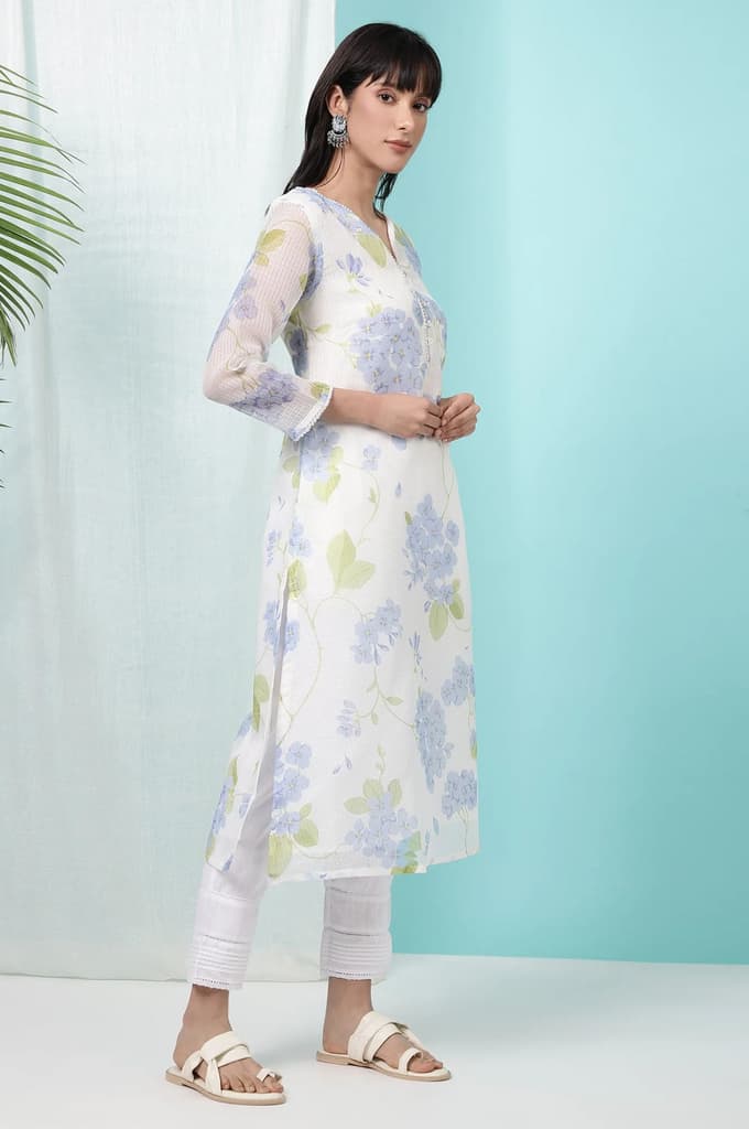 White Floral Printed Kota Straight Kurta — photo 7