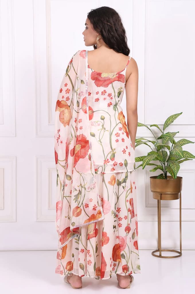 White Floral Printed A-Line Crepe Kurta with Culotte and Dupatta Set — photo 5