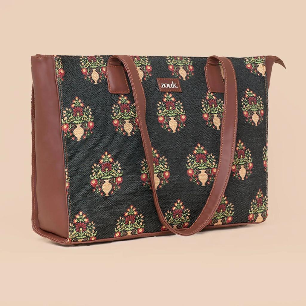 Royal Green Mogra Print Office Tote Bag