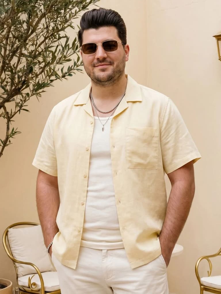 Plus Men's Tender Yellow Linen Half Sleeve Oversized Fit Shirt with Cuban Collar — XXL / Tender Yellow